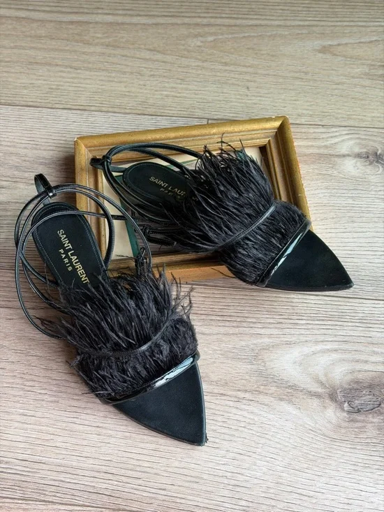 Saint Laurent Ostrich Black Feather-Trim Pointed sandals - Picture 11 of 17